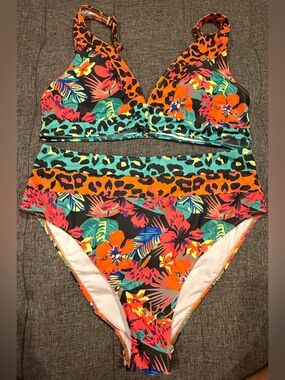 NWOT Tropical Floral & Leopard Print 2-Piece Swimsuit - Orange Multi